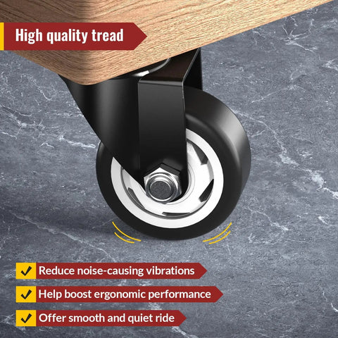 3 inch Rock Solid Heavy Duty Swivel Plate Caster Wheel with smooth PVC tire, mounted on a wooden cart for industrial use.