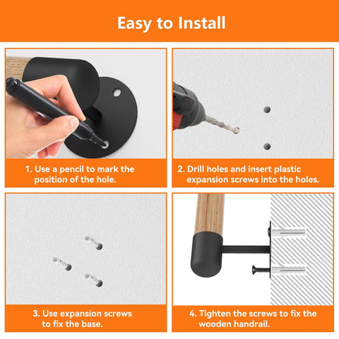 Installation guide steps for Heavy Duty 12 Foot Round Wooden Stair Handrail Wall Mount with clear visuals and easy instructions.