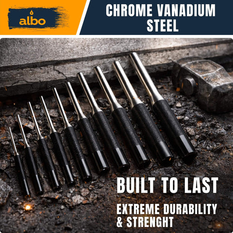 Image of Roll Pin Punch Set, Nine-Piece SAE Range From 1/16 To 5/16 Inch, Chrome Vanadium Steel with knurled handles on rocky surface.