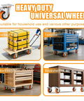 Heavy Duty Five Inch Polyurethane Caster Wheels With Rock Solid Dual Lock Brakes and Slick 360 Degree Swivel shown on flatbed truck and toolbox.