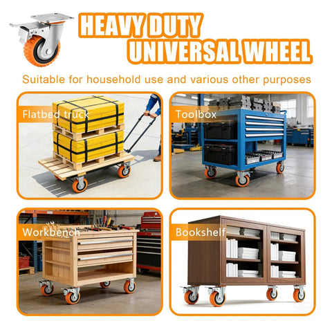 Heavy Duty Five Inch Polyurethane Caster Wheels With Rock Solid Dual Lock Brakes and Slick 360 Degree Swivel shown on flatbed truck and toolbox.