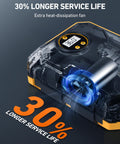 Close-up of 12V DC Portable Tire Inflator With LED Light And Digital Gauge showing heat-dissipation fan feature.