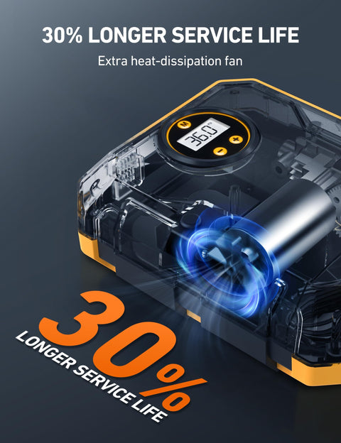 Close-up of 12V DC Portable Tire Inflator With LED Light And Digital Gauge showing heat-dissipation fan feature.