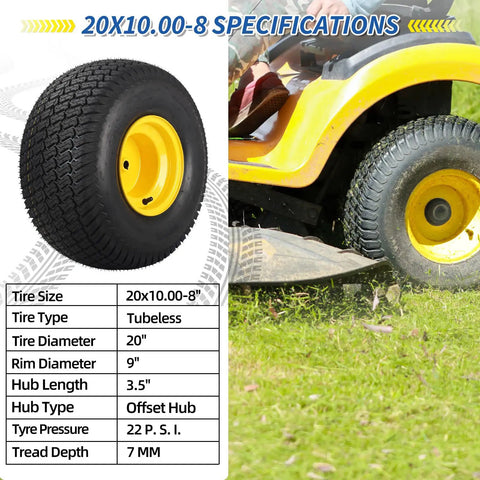 20x10.00-8 Lawn Mower Tire and Wheel Tubeless 4 Ply 3.5 Inch Offset Hub 3/4 Bore 3/16 Keyway Replacement for Riding Tractor Rear