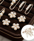 Ditch Tailor Bills And Snag These Pearl Pin Style Waist Tightening Clips For Jeans Dresses And Sweaters displaying flower-shaped pearl clips.