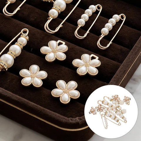 Ditch Tailor Bills And Snag These Pearl Pin Style Waist Tightening Clips For Jeans Dresses And Sweaters displaying flower-shaped pearl clips.