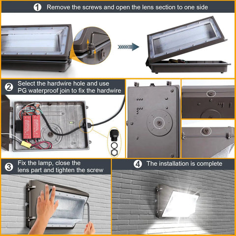 Installation steps for 120W Dusk To Dawn LED Wall Pack Light With Photocell, 15840 Lumens, 5000K Outdoor Security Flood Light fixture