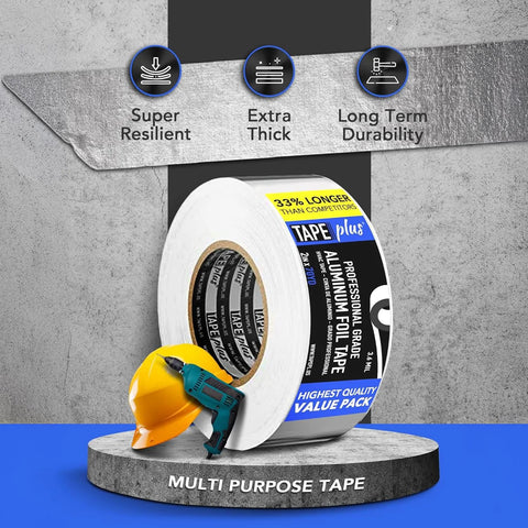 TapePlus aluminum foil HVAC duct tape roll, 2 in x 70 yd, silver; shown with yellow hard hat and cordless drill.