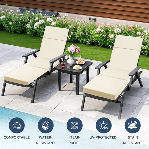 Outdoor Chaise Lounge Cushions 72 Inch By 21 Inch By 3 Inch Four Section Folding Design With Ties All Weather Waterproof And Fade Resistant Replacement Cushion For Pool Patio Deck Beige Two Pack set on poolside deck with garden.