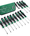 Hella Durable 12 Piece Mini Screwdriver Set Featuring Rock Hard Magnetic Bits And Smooth 360 Degree Swivel For Nitty Gritty Precision And Tech Fixes with black and green handles.