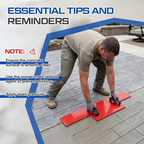 Man using Five Piece Concrete Stamping Mats Set With Durable Polyurethane Texture Molds For Patios, Walls, Floors And Driveways.