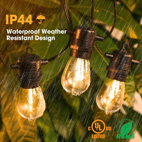 50Ft LED Outdoor String Lights With 16 Shatterproof S14 Replaceable Bulbs 2700K Warm White For That Cozy Vibe in rain, close-up view