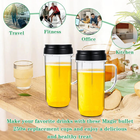 22oz Blender Cup Replacement Set With Flip Top On The Go Lid And Handle For 250W MB1001 Blenders on table with drinks