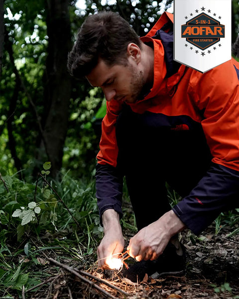Man using Ultimate Go-To All Weather 5-In-1 Fire Starter Kit in forest with magnesium flint for camping and outdoors survival