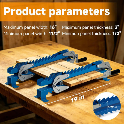 Upgraded 19 Inch Panel Clamps Set Of 2 With 4 Way Steel Parallel Clamps Heads And Tailstocks For Precise Woodworking, Heavy Duty Rails, Easy Handles, Durable 2mm Track, Ideal For DIY Projects And Shop Assembly. 19 in panel clamps on wood board