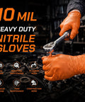 Heavy Duty 10 Mil Orange Nitrile Gloves With Raised Diamond Grip, Disposable Latex Free Work Gloves Built Tough For The Daily Grind, Extra Large Fit, 1000 Count, worn while using a ratchet tool.
