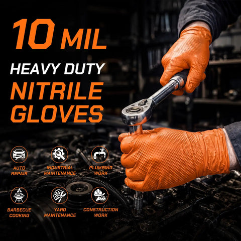 Heavy Duty 10 Mil Orange Nitrile Gloves With Raised Diamond Grip, Disposable Latex Free Work Gloves Built Tough For The Daily Grind, Extra Large Fit, 1000 Count, worn while using a ratchet tool.