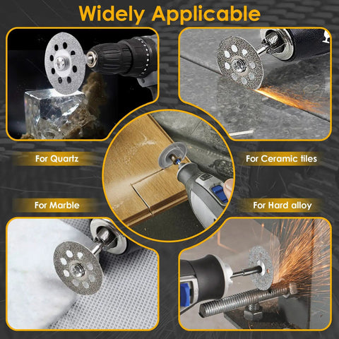 Dope 30 Piece Diamond Cutting Wheel Kit for Rotary Tools With 6 Mandrels and Screwdriver, shown cutting metal, stone, tile, and wood.
