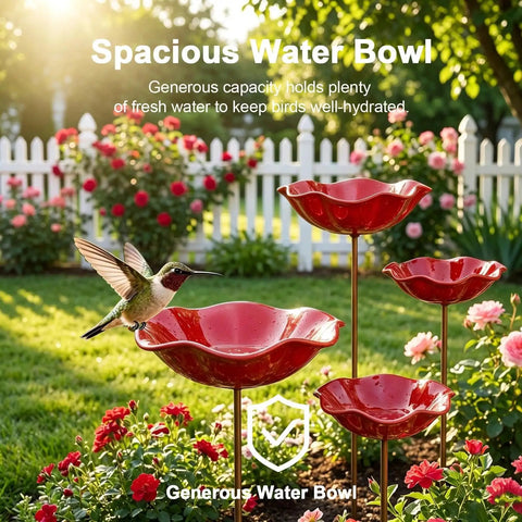 Red metal flower garden stake bird bath waterer in garden with hummingbird, ideal for outdoor yards and pollinator stations.