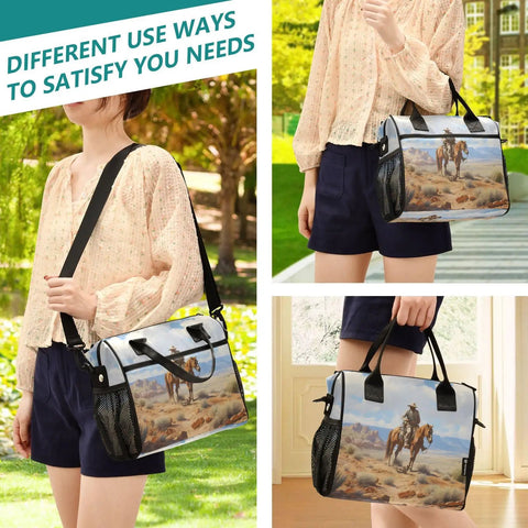 Desert Cowboy Themed Insulated Lunch Bag For Women Large Leakproof Cooler Tote Portable For Work Picnic Beach Camping Easy Clean Surface Stain Resistant Perfect For Everyday Meals in use