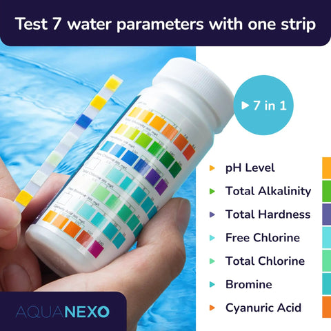 All In One 100 Pack Pool Test Strips 7 In 1 For Pools Spas Paddling Pools Water Tester For PH Chlorine Bromine Alkalinity CYA Total Hardness With Easy Color Match Chart