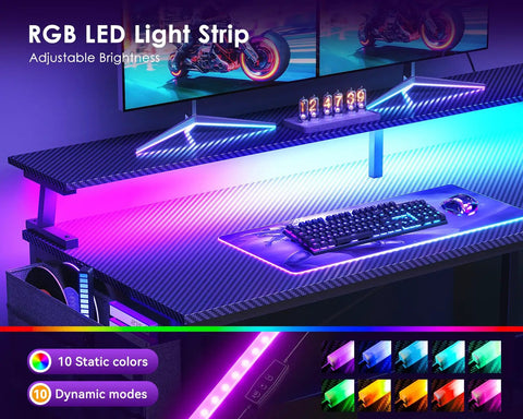 48 Inch Gaming Desk With USB Charging Ports And LED Lights, Reversible L Shaped Corner Desk With Monitor Stand, Black, illuminated