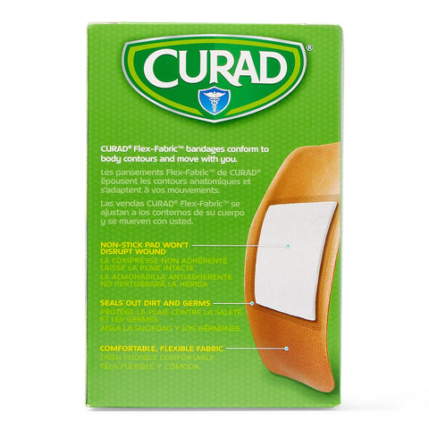 Flex-Fabric Adhesive Bandages X-Large 2x4 packaging showing bandage and details on breathable woven design and non-stick pad.