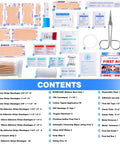 Top view of TLIEAO Mini First Aid Kit contents: 150-piece medical kit with bandages, gauze pads, scissors, tweezers, gloves