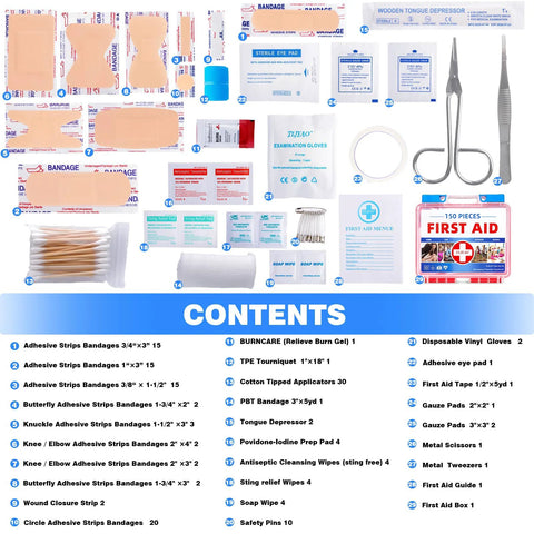 Top view of TLIEAO Mini First Aid Kit contents: 150-piece medical kit with bandages, gauze pads, scissors, tweezers, gloves