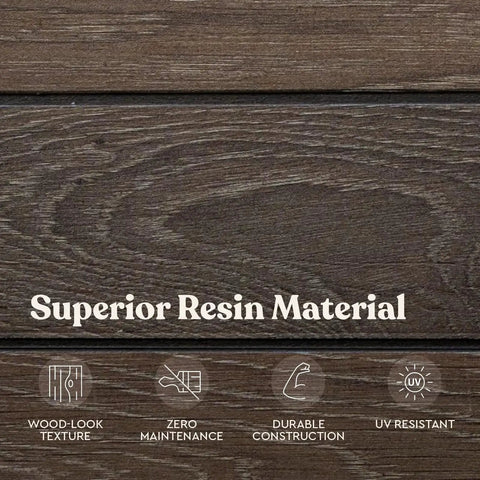 Wood-look texture of Signature Collection 120 Gallon Resin Deck Box for patio gear stash and organization, weather resistant walnut.