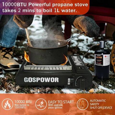 Dual Fuel Camping Stove With Wind Blocker, 10,000 BTU Portable Gas Stove For Outdoor Cooking being used in snowy outdoors.