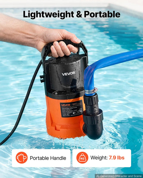 Heavy Duty Submersible Water Pump Delivers Knockout 3300GPH Flow With Zero Point Seven HP Motor being held above water with a hose attached.