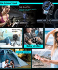Collage showing two pack portable stroller fans with extendable tripod clip four speed 6600rpm USB rechargeable in various uses.