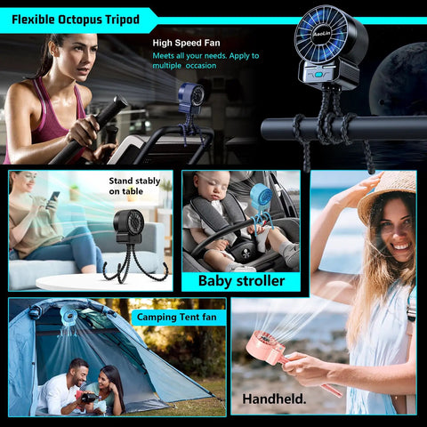 Collage showing two pack portable stroller fans with extendable tripod clip four speed 6600rpm USB rechargeable in various uses.