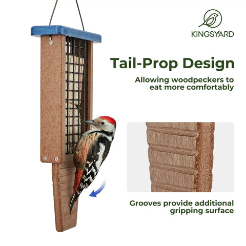 Double Capacity Tail Prop Suet Bird Feeder For Outdoor Hanging Made From Recycled Plastic Sturdy And Durable With Two Sided Wire Mesh Perfect For Woodpeckers And Clinging Birds Blue, side view with woodpecker feeding.