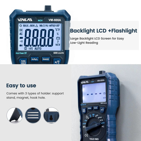 TRMS Digital Multimeter With NCV Auto Ranging VM600A backlight LCD screen and flashlight, easy use features for DIYers and pros.