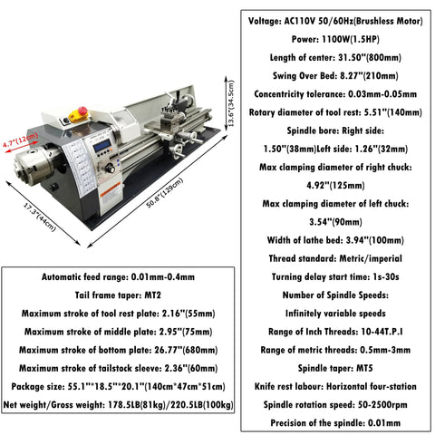 Metal lathe, 8×32 in, gearless, imperial/metric, dual chuck, bench-mounted, angled side view