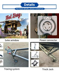 Slick Stainless Steel Food Trailer, 10 Ft Mobile Catering Cart showing sales window, power connector, towing system, truck jack.