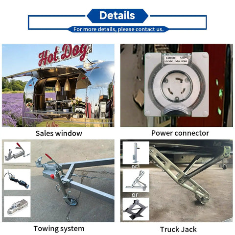 Slick Stainless Steel Food Trailer, 10 Ft Mobile Catering Cart showing sales window, power connector, towing system, truck jack.