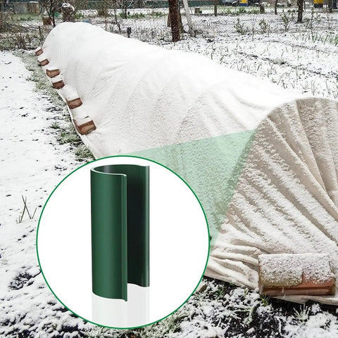 Heavy Duty 32 Pack PVC Greenhouse Clamps Set For Securing Row Covers Arches Tarps Pools And Garden Plastic Film 2.4 Inches Long Bulk Clamp Kit For Quick Fixes used on snowy garden row cover, with inset of green PVC clamp detail