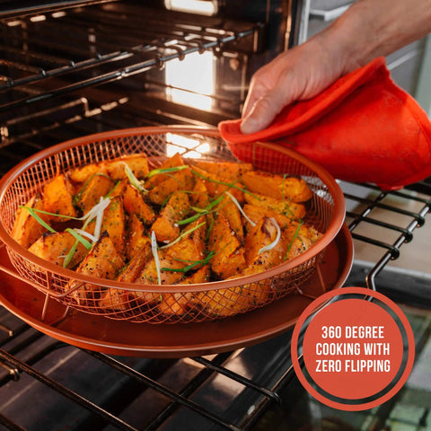 Crisper Basket And Tray Set For Oven And Air Fryer 2 Piece Copper Finish Large Mesh Design For 360 Degree Airflow And Even Crisping