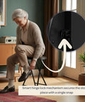 Woman sitting on Backless Folding Stool 18 Inch With 225 Lb Capacity, folding hinge detail shown in living room