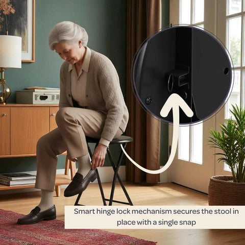 Woman sitting on Backless Folding Stool 18 Inch With 225 Lb Capacity, folding hinge detail shown in living room