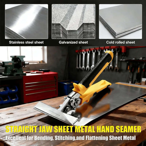 Heavy Duty Sheet Metal Hand Seamer Built Tough With 6 Inch Jaw Sheet Metal Bender And Flattening Tool Hot Forged 3Cr13 Steel Non Slip Handle And Safety Lock For HVAC Roofing And Duct Work on workbench