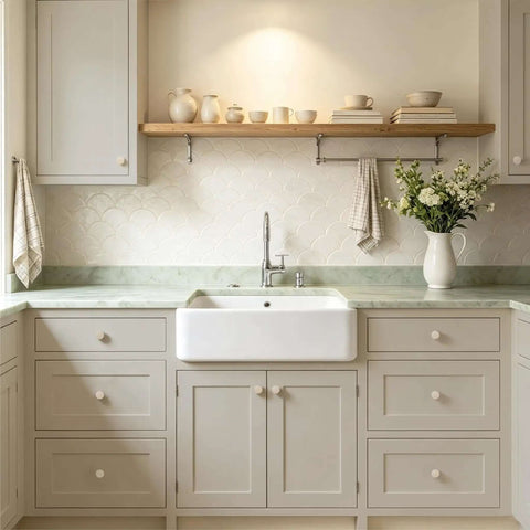 Set Of Six Natural Stone Cabinet Knobs And Round Marble Drawer Pulls With Solid Brass Base For Kitchen Cabinets And Bathroom Vanities Adding Swanky Charm That Is Built Like A Tank And Feels Dead Legit on a modern kitchen cabinet with a farmhouse sink.