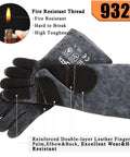 Heavy Duty Fireplace Gloves With Heat Resistant Leather Mitts With Solid Grip 16 Inch XL displayed with heat resistance details
