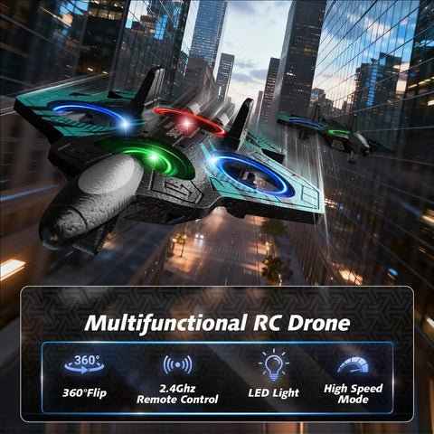 Foam RC Airplane With Dazzling LED Lights For Night Missions 360 Degree Flips And Headless Mode flying in cityscape