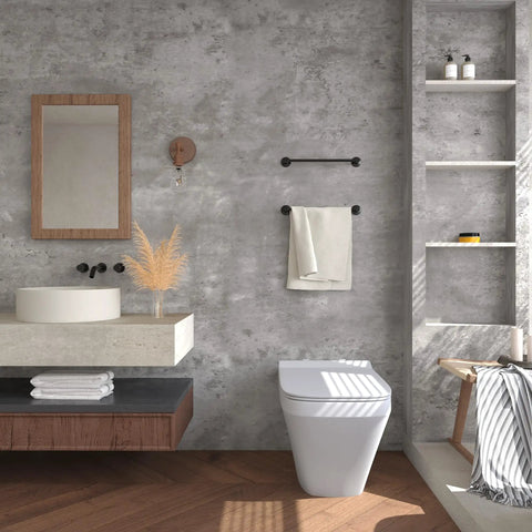 Modern bathroom with 24 By 354 Inch 3D Wide Concrete Wallpaper Peel And Stick Self Adhesive Vinyl Wrap in light grey cement texture.