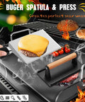 Using burger spatula and press from 33Piece Griddle Accessories Kit For Blackstone Flat Top Grill Includes Cooling Rack Melting Dome Burger Press Hibachi Spatulas Long Spatulas Scraper Tong Grill Tools Set For Outdoor Teppanyaki BBQ Gift