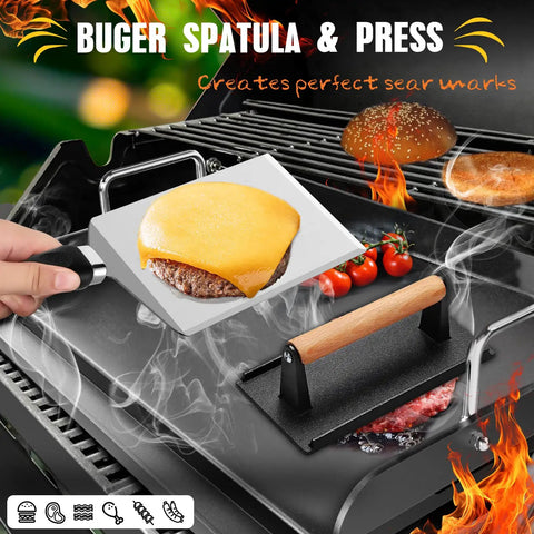 Using burger spatula and press from 33Piece Griddle Accessories Kit For Blackstone Flat Top Grill Includes Cooling Rack Melting Dome Burger Press Hibachi Spatulas Long Spatulas Scraper Tong Grill Tools Set For Outdoor Teppanyaki BBQ Gift